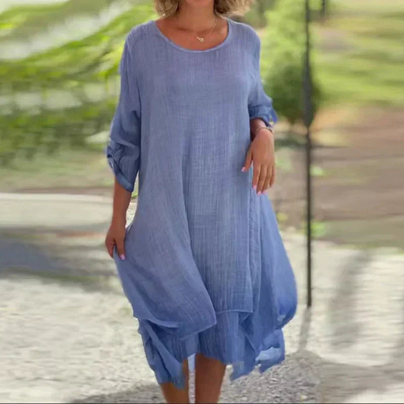 Odessa - Elegant Solid Round Neck Loose Fit Dress