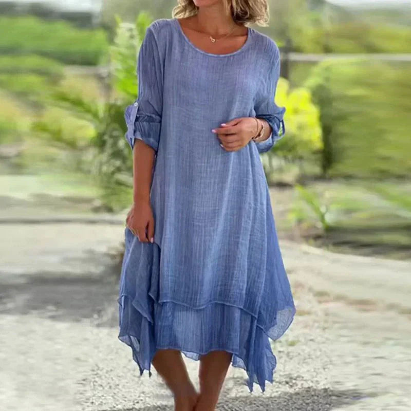 Odessa - Elegant Solid Round Neck Loose Fit Dress