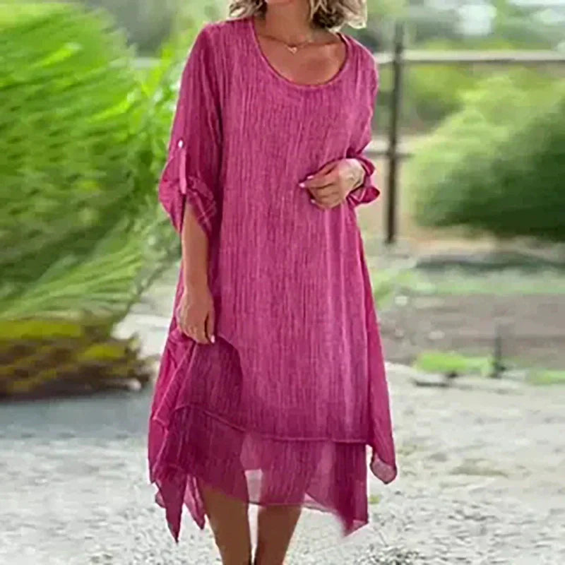 Odessa - Elegant Solid Round Neck Loose Fit Dress