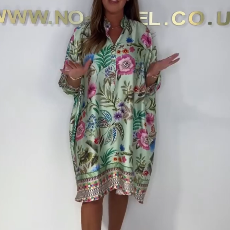 Violetta - Casual Floral Dress with V-Neckline and Partial Buttons