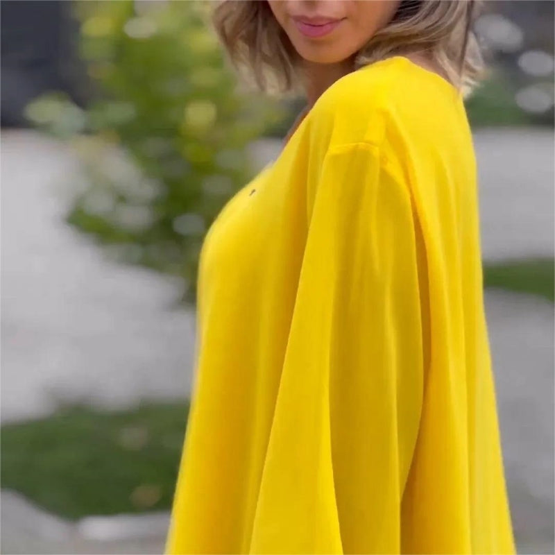 Quorina - Women's Chiffon V-Neck Zip 3/4 Sleeve Flowy Elegant Blouse
