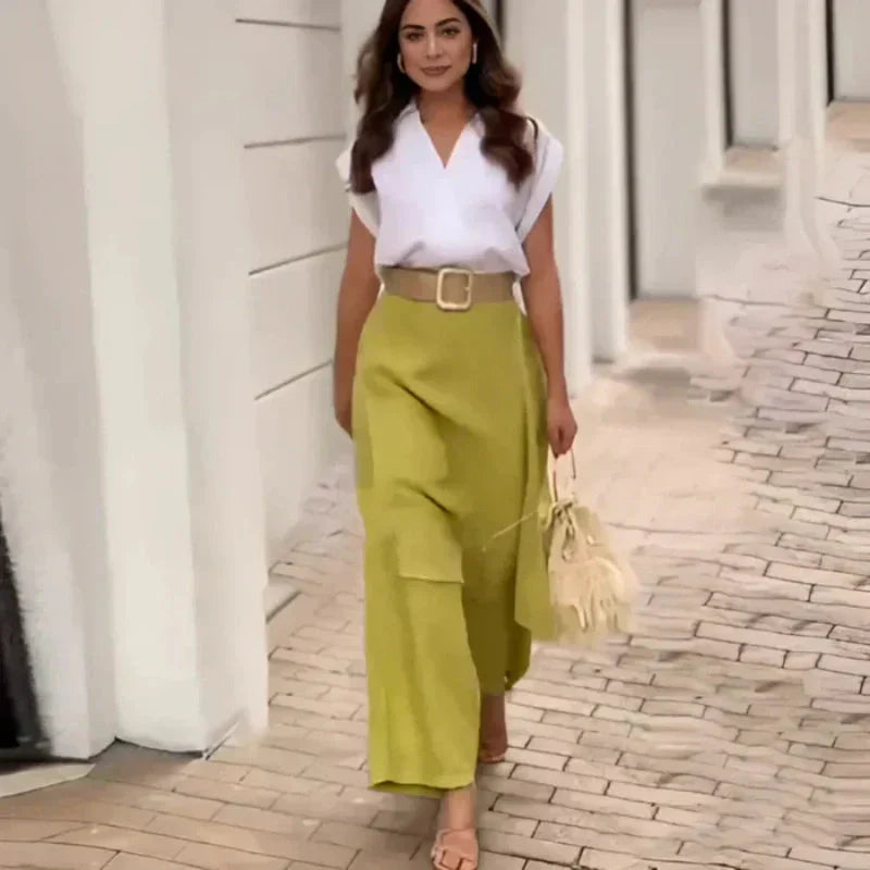Myla - Women's Elegant Set: V-neck Top and Flared Pants