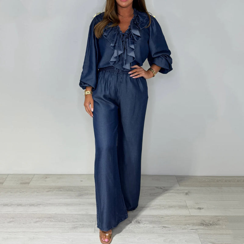 Sorina - Casual Long Sleeve Top and Wide Leg Pants Set