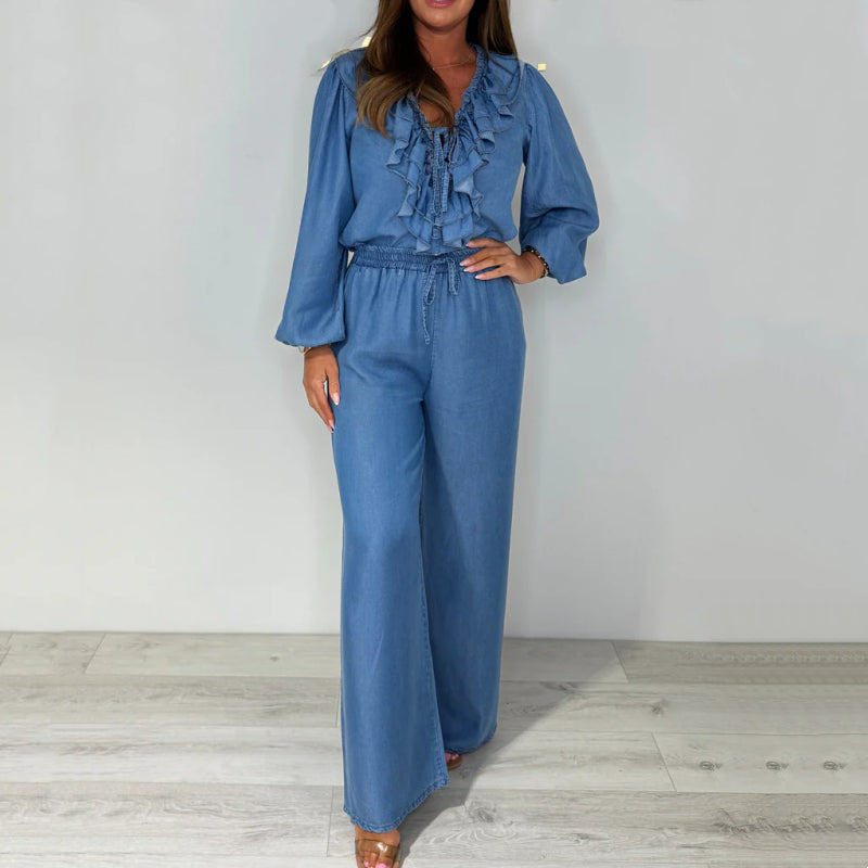 Sorina - Casual Long Sleeve Top and Wide Leg Pants Set