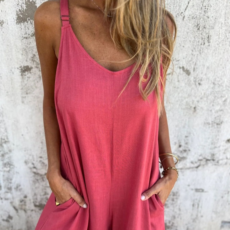 Tovalyn - Women's Adjustable Strap Cotton Linen Jumpsuit