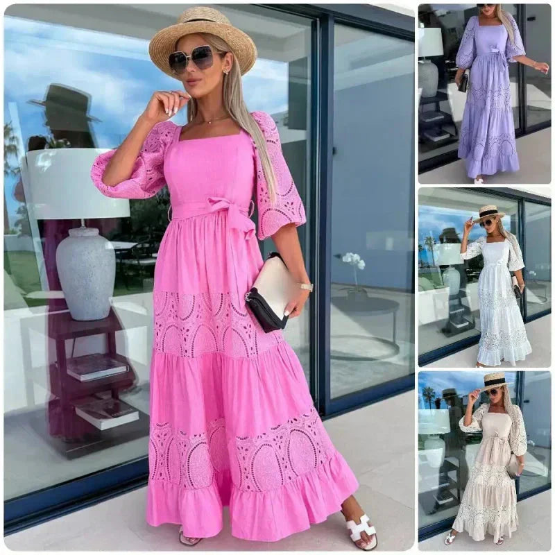 Therenia - Long Patchwork Dress with Belt and Square Neckline