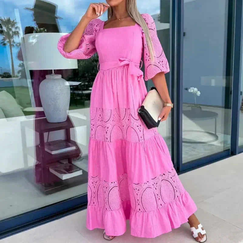 Therenia - Long Patchwork Dress with Belt and Square Neckline