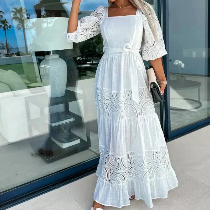 Therenia - Long Patchwork Dress with Belt and Square Neckline