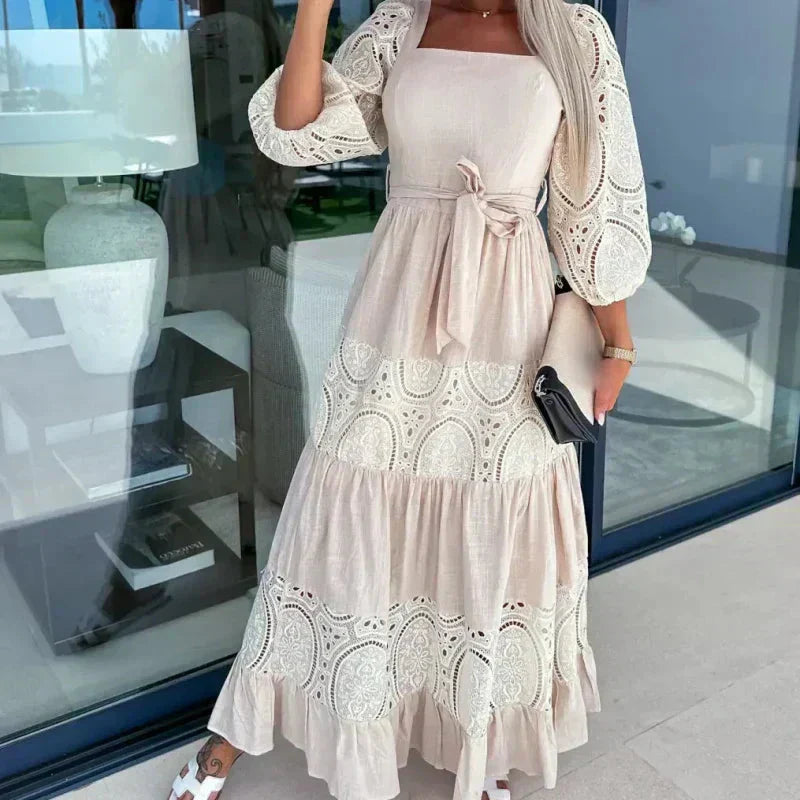 Therenia - Long Patchwork Dress with Belt and Square Neckline