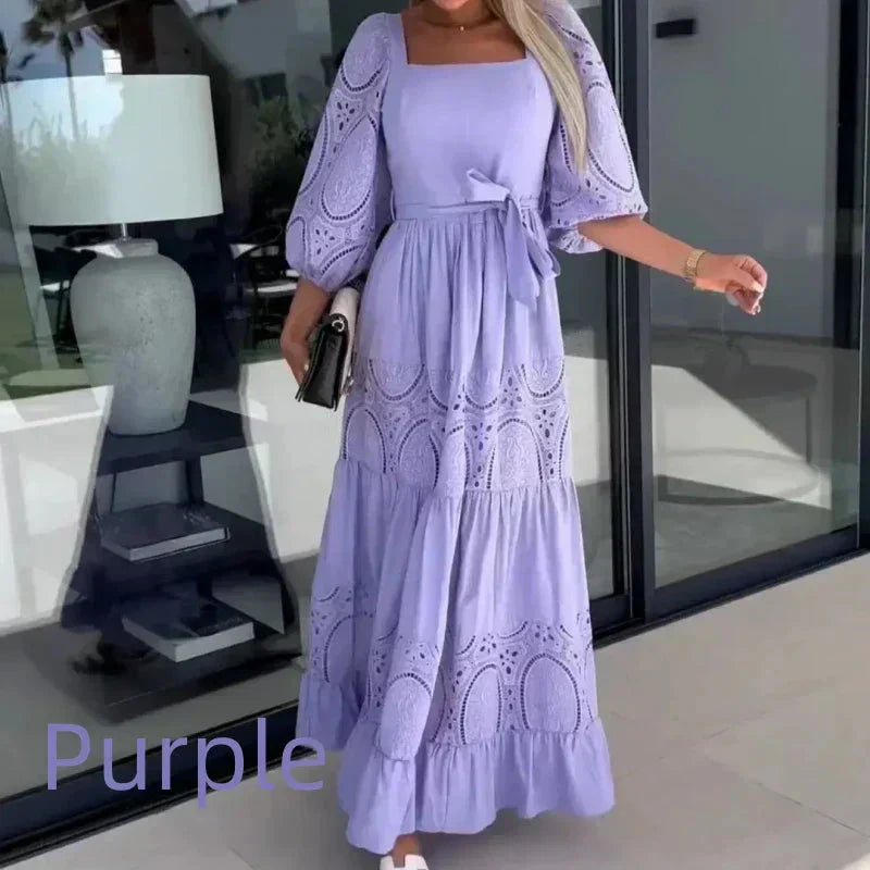 Therenia - Long Patchwork Dress with Belt and Square Neckline