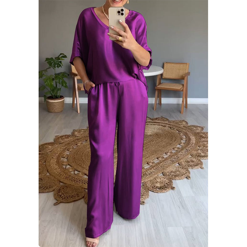 Kavryne - Women's loose-fit elastic waist satin-style elegant set