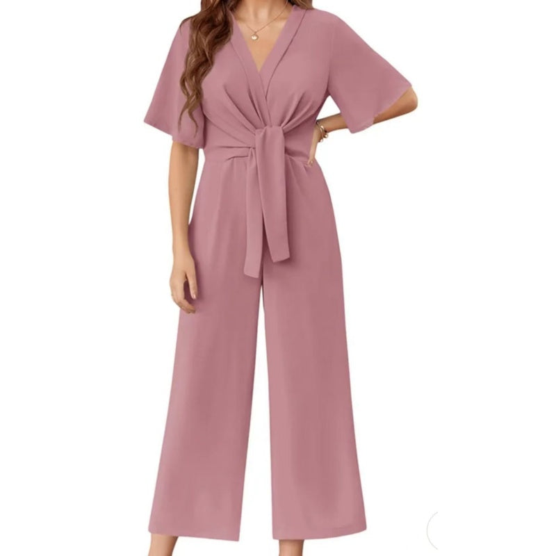 Sylenna - Women's V-neck wide-leg jumpsuit with belt