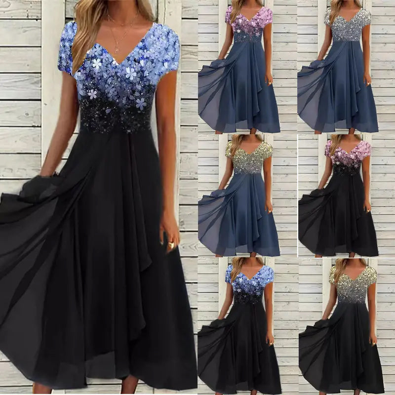 Halina - Elegant Printed V-Neck Dress