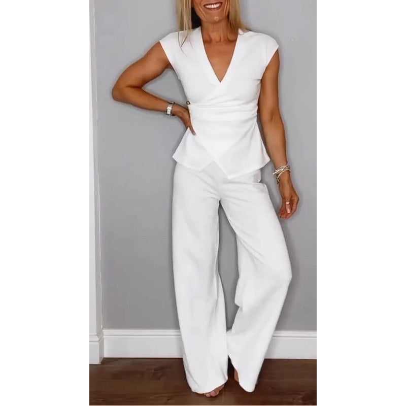 Bovirae - Elegant V-neck modern flowy pants set for women