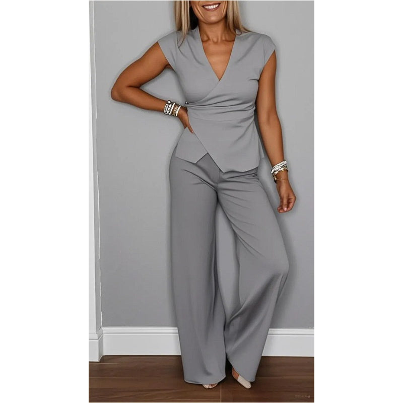 Bovirae - Elegant V-neck modern flowy pants set for women