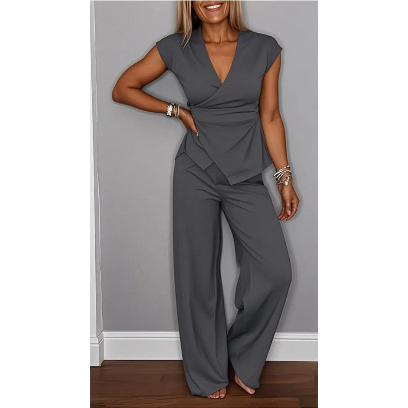 Bovirae - Elegant V-neck modern flowy pants set for women