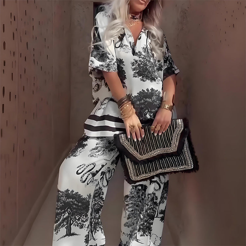 Oralys - Women's Casual Set with Printed V-Neck Top and Long Pants