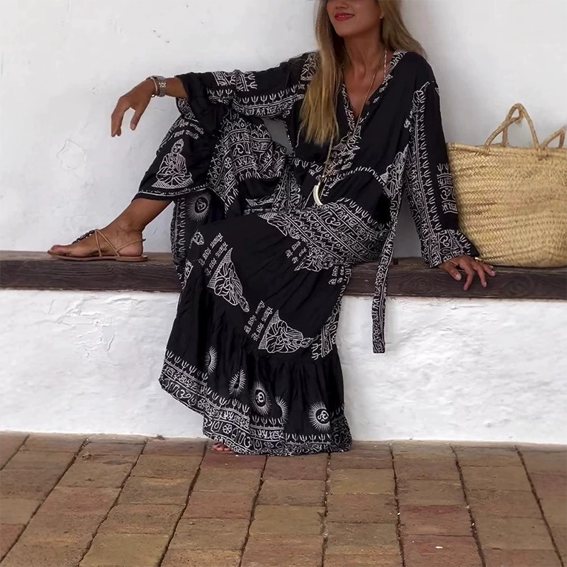 Azeliax - Women's Long Ethnic Print V-neck Belted Long-Sleeved Dress