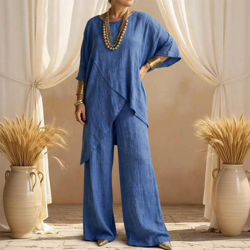 Eliune - Women's Two-Piece Set Asymmetrical Top and Flowy Wide-Leg Pants
