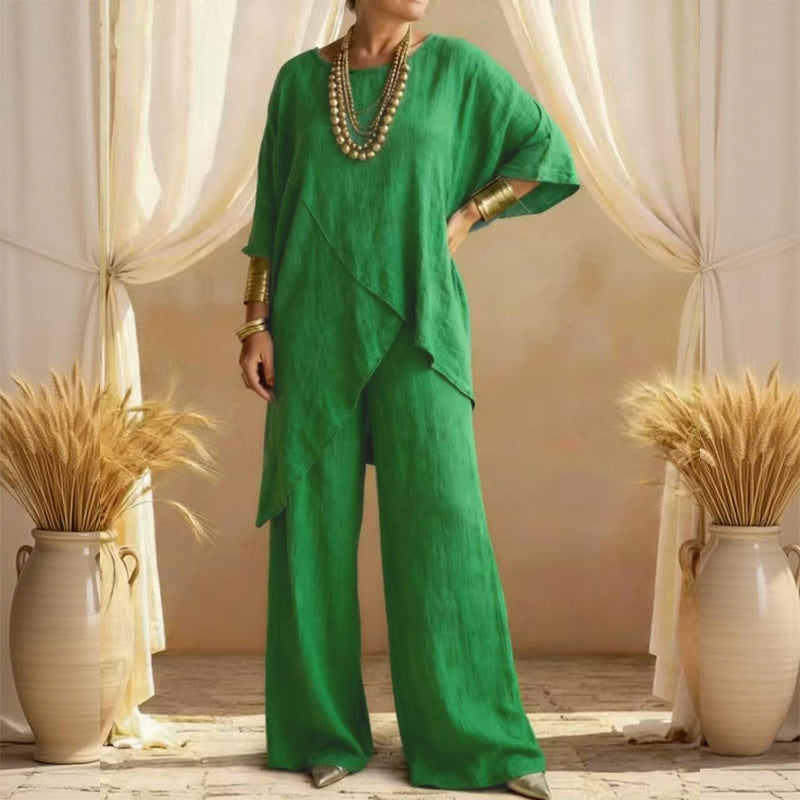 Eliune - Women's Two-Piece Set Asymmetrical Top and Flowy Wide-Leg Pants