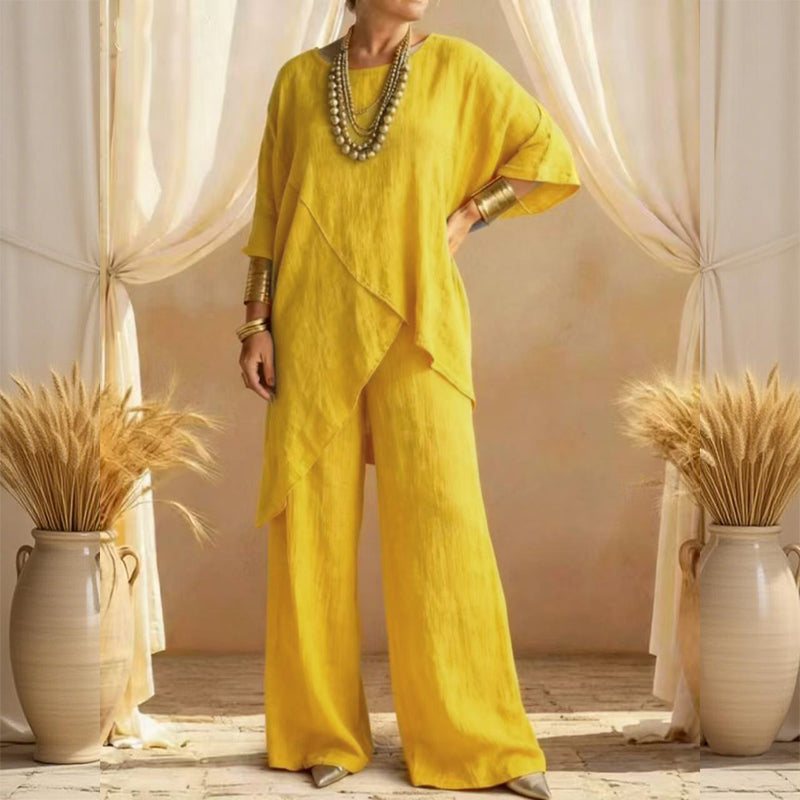 Eliune - Women's Two-Piece Set Asymmetrical Top and Flowy Wide-Leg Pants