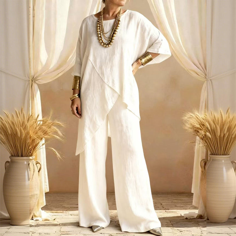 Eliune - Women's Two-Piece Set Asymmetrical Top and Flowy Wide-Leg Pants