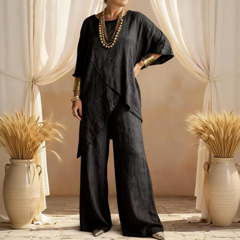 Eliune - Women's Two-Piece Set Asymmetrical Top and Flowy Wide-Leg Pants