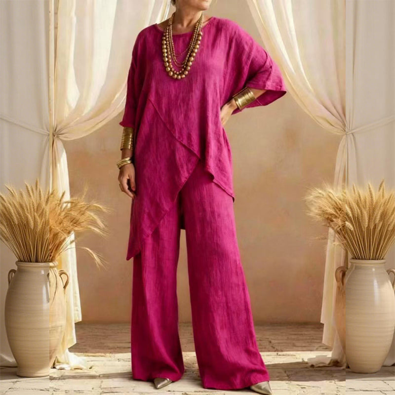 Eliune - Women's Two-Piece Set Asymmetrical Top and Flowy Wide-Leg Pants