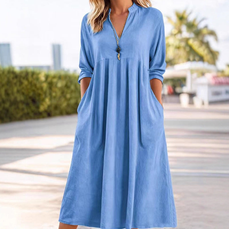 Quivara - Casual V-Neck Empire Waist Midi Dress