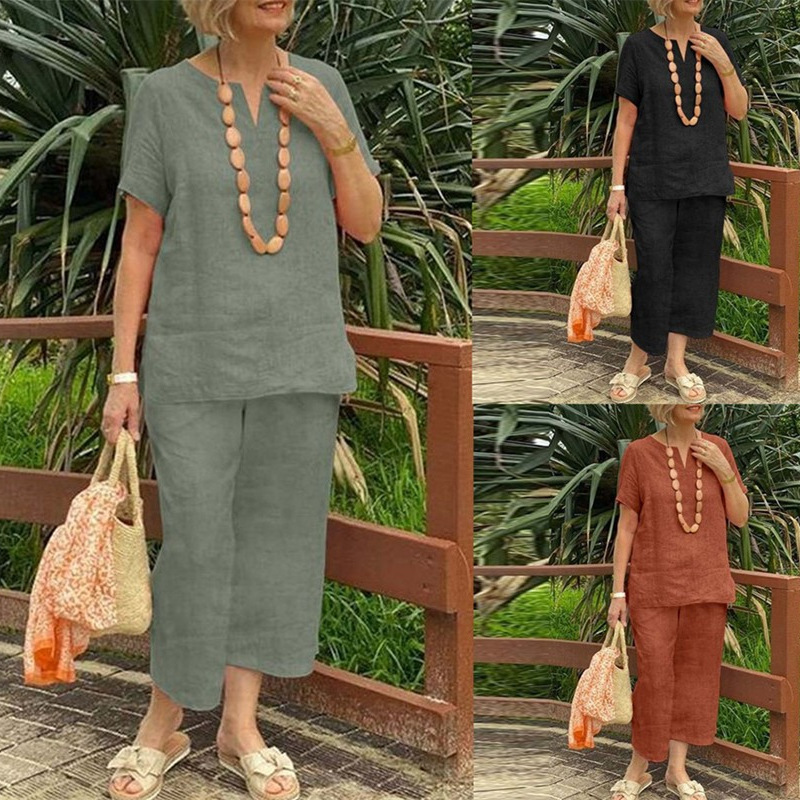 Glynia - Women's Two-Piece Cotton Linen V-Neck and Flowy Pants Set