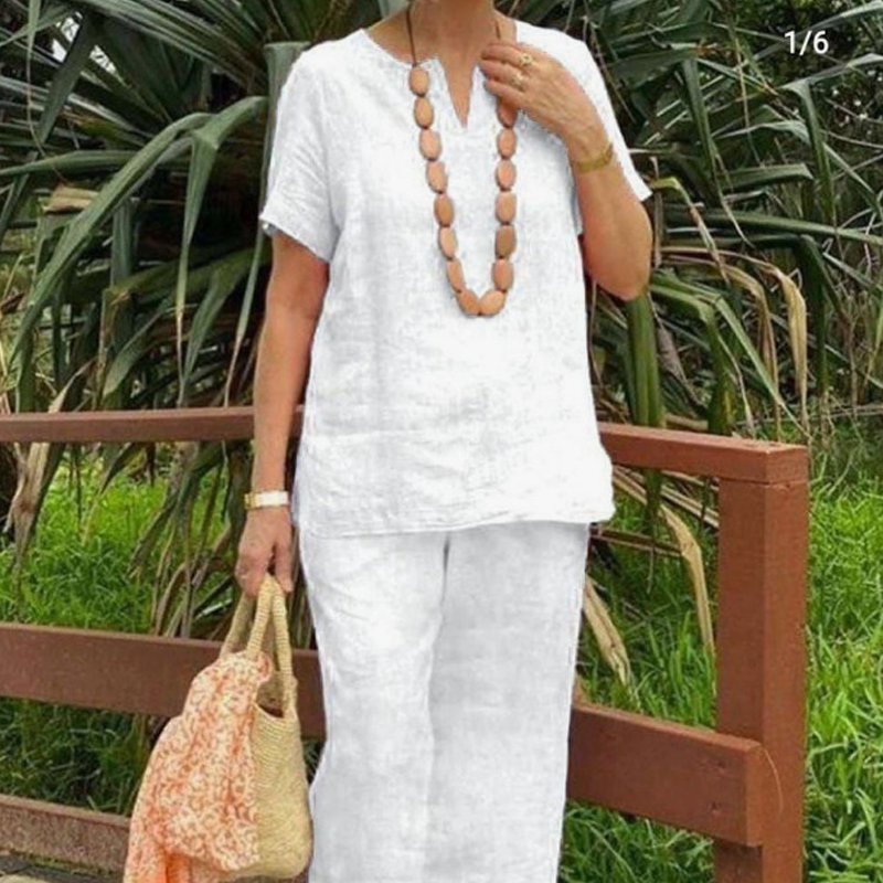 Glynia - Women's Two-Piece Cotton Linen V-Neck and Flowy Pants Set