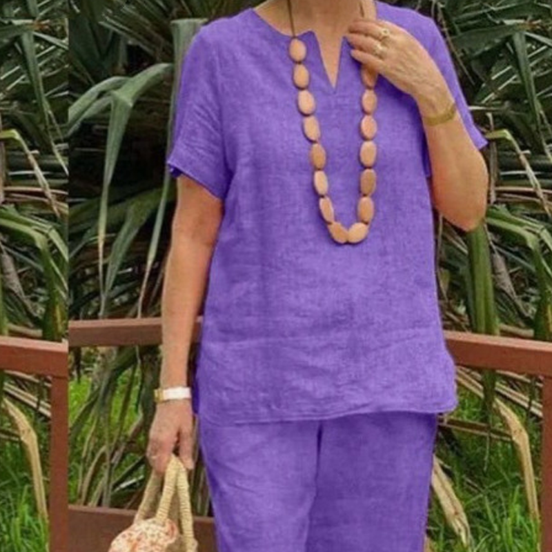 Glynia - Women's Two-Piece Cotton Linen V-Neck and Flowy Pants Set