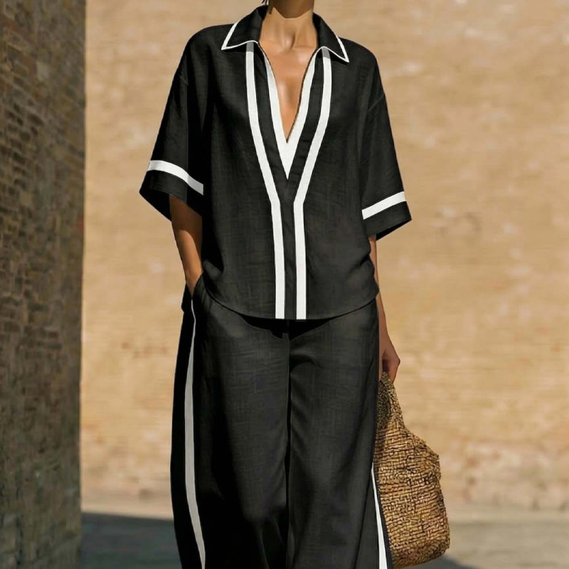 Cirevyn - Women's Two-Piece Linen Outfit V-Neck Shirt Wide-Leg Striped Pants
