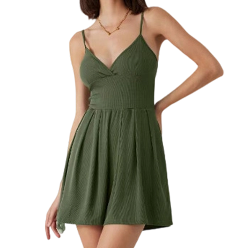 Mirestra - Women's ribbed knit short jumpsuit with integrated flared skirt