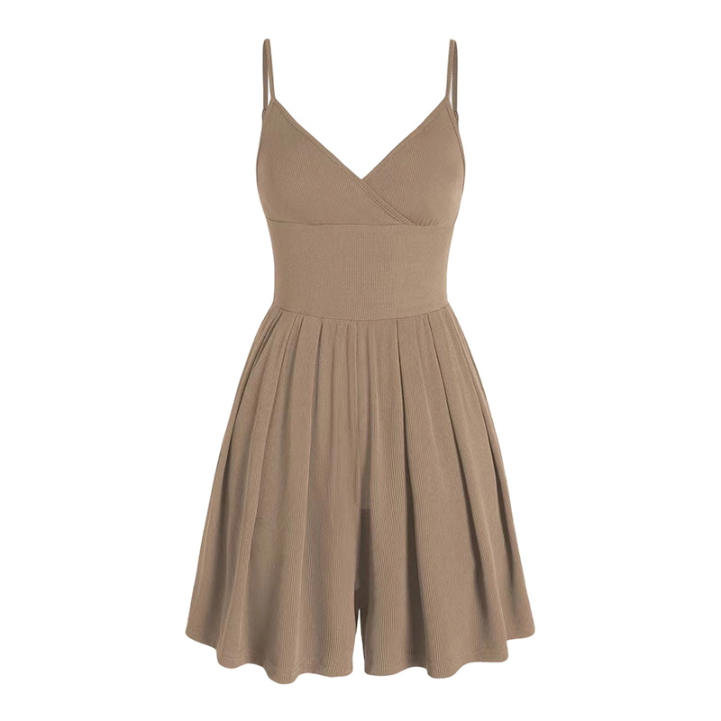 Mirestra - Women's ribbed knit short jumpsuit with integrated flared skirt