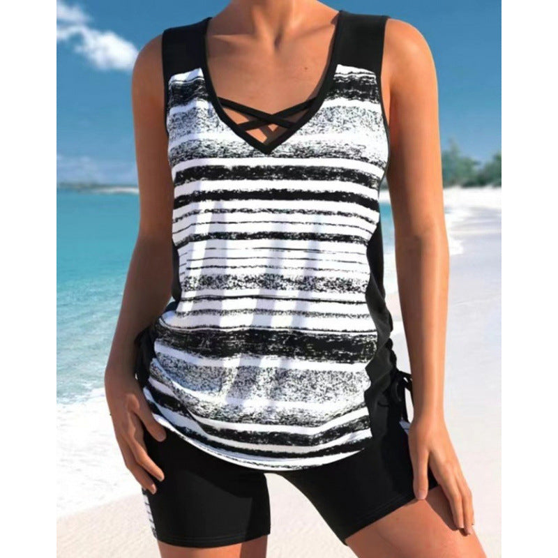 Tovienne - Women's Two-Piece V-Neck Geometric Print Shorts Tankini
