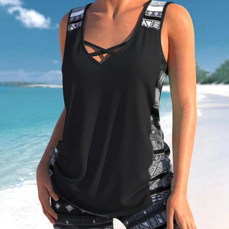 Tovienne - Women's Two-Piece V-Neck Geometric Print Shorts Tankini