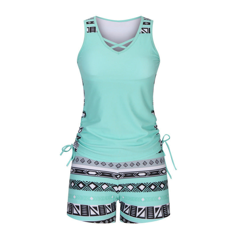 Tovienne - Women's Two-Piece V-Neck Geometric Print Shorts Tankini