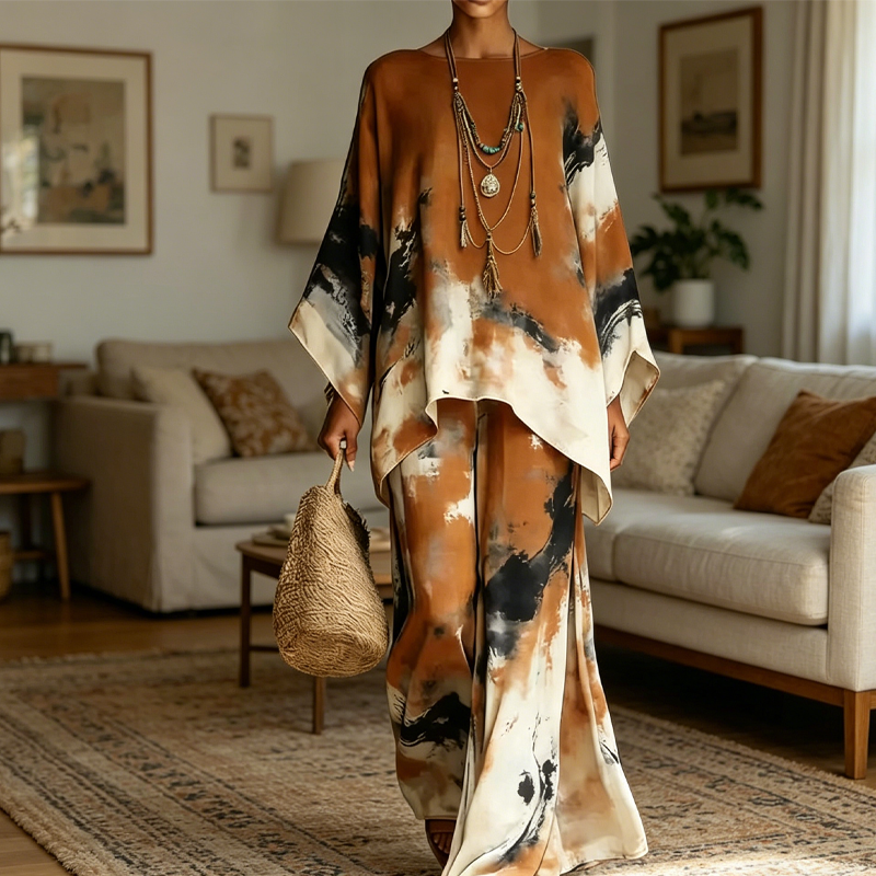 Falvynna - Women's two-piece abstract print oversize tunic wide leg pants set