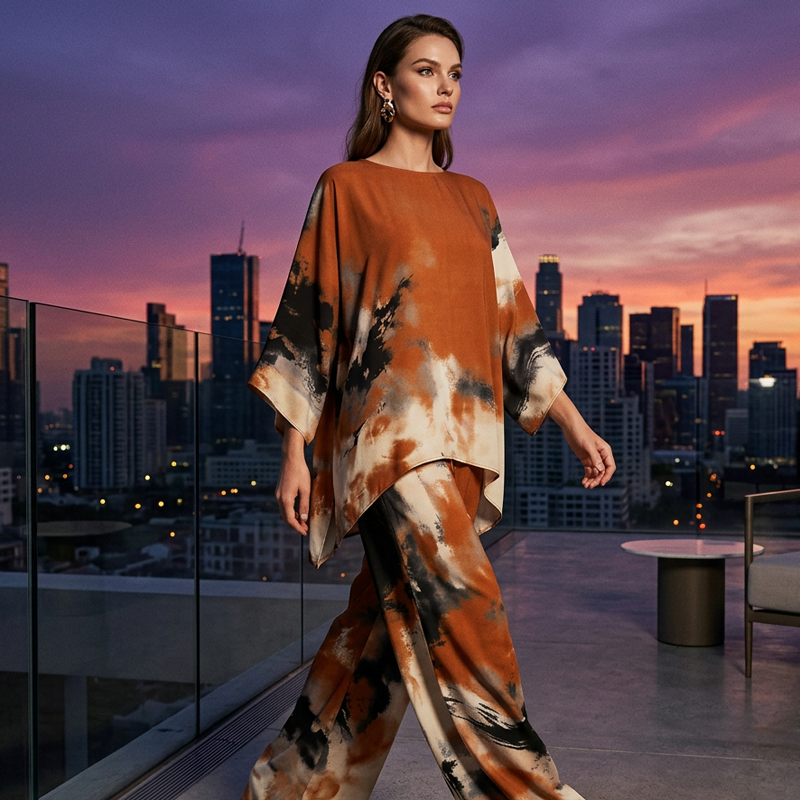 Falvynna - Women's two-piece abstract print oversize tunic wide leg pants set