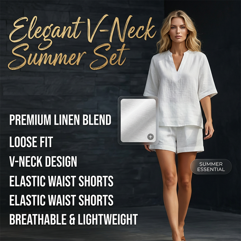Jynalora - Women's Elegant Casual Summer V-Neck Blouse and Shorts Set
