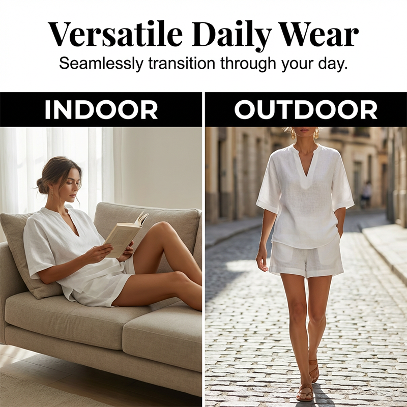 Jynalora - Women's Elegant Casual Summer V-Neck Blouse and Shorts Set