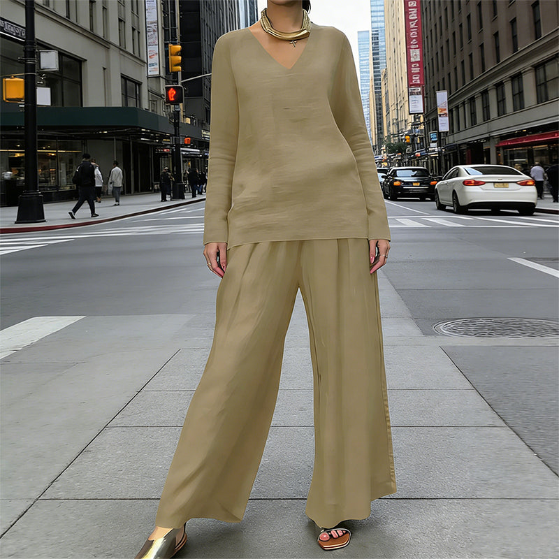Sovalyne - Women's Casual V-Neck Top and Flowy Wide-Leg Pants Set