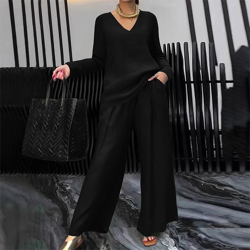 Sovalyne - Women's Casual V-Neck Top and Flowy Wide-Leg Pants Set