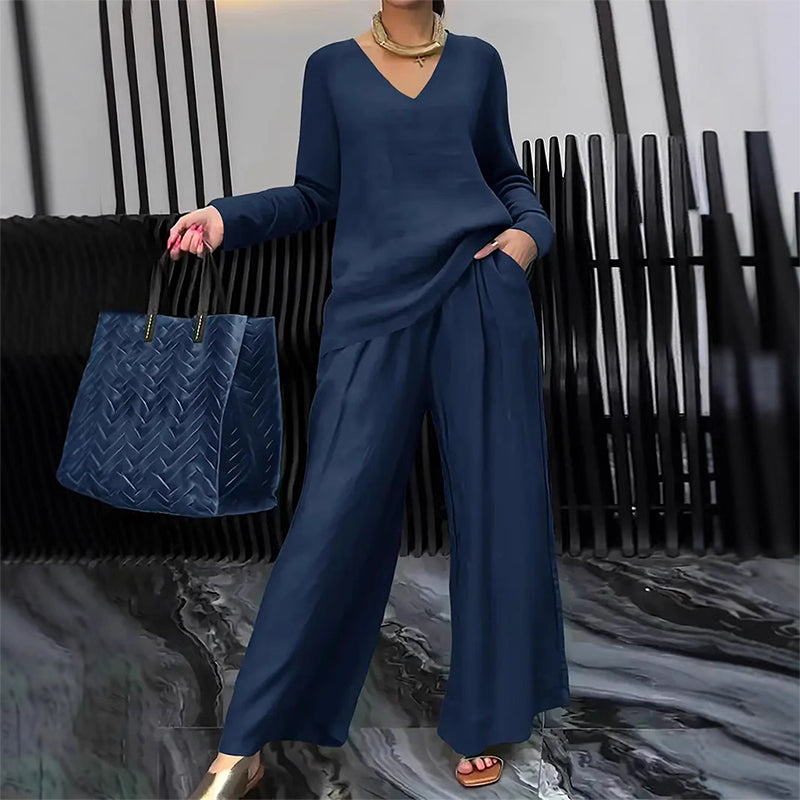 Sovalyne - Women's Casual V-Neck Top and Flowy Wide-Leg Pants Set