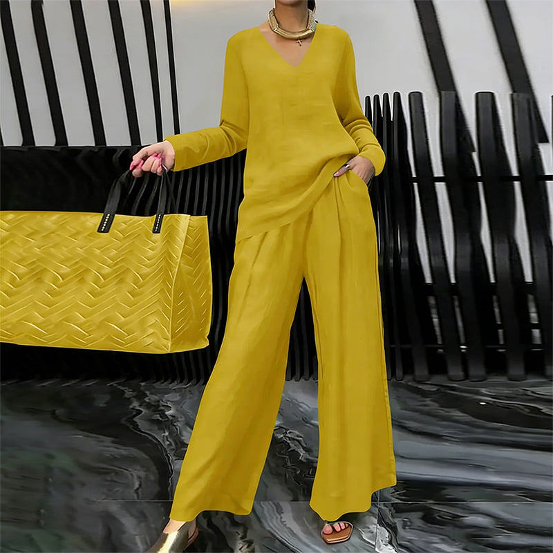 Sovalyne - Women's Casual V-Neck Top and Flowy Wide-Leg Pants Set