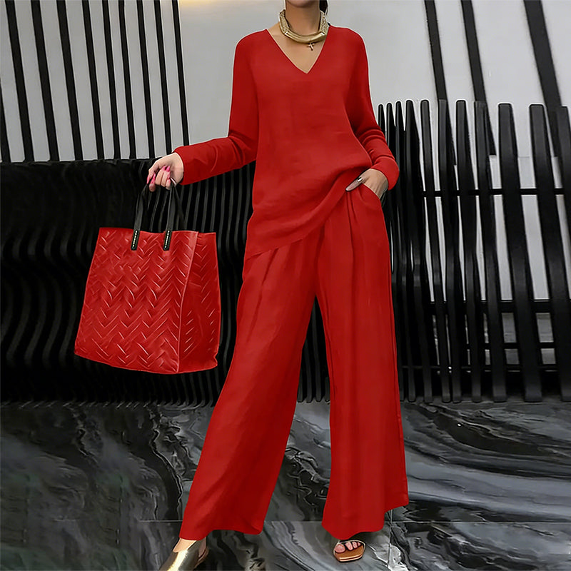 Sovalyne - Women's Casual V-Neck Top and Flowy Wide-Leg Pants Set