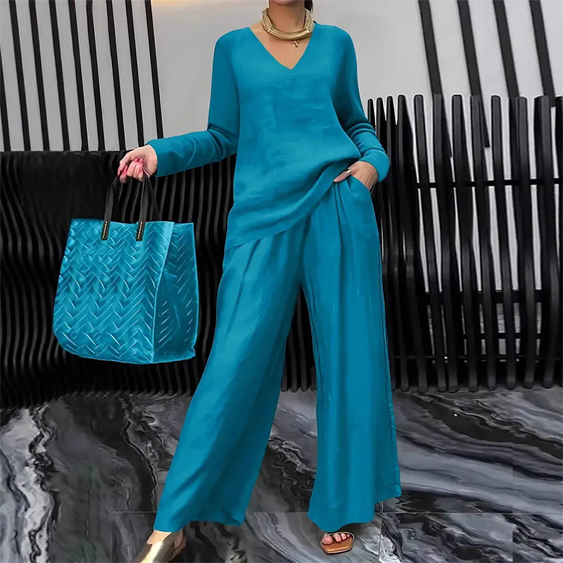 Sovalyne - Women's Casual V-Neck Top and Flowy Wide-Leg Pants Set