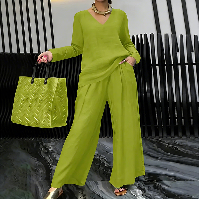 Sovalyne - Women's Casual V-Neck Top and Flowy Wide-Leg Pants Set