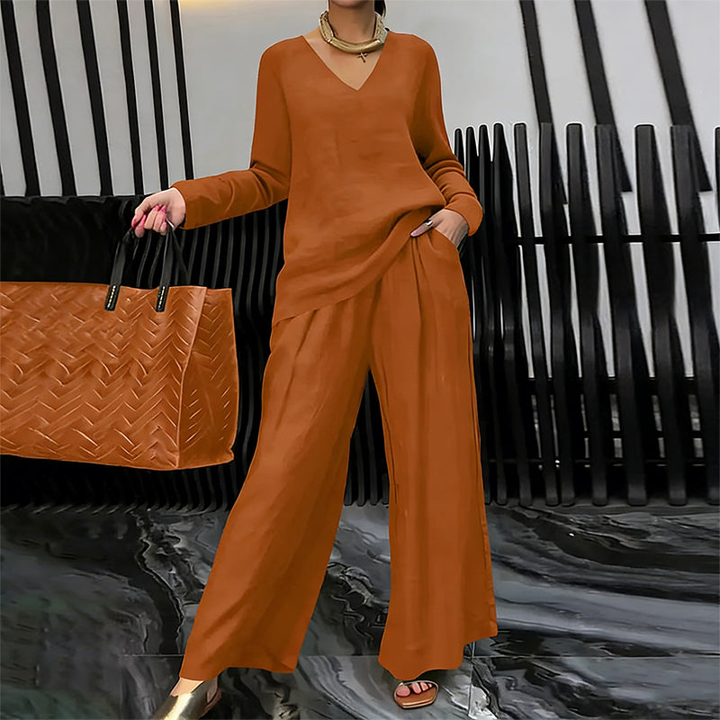 Sovalyne - Women's Casual V-Neck Top and Flowy Wide-Leg Pants Set